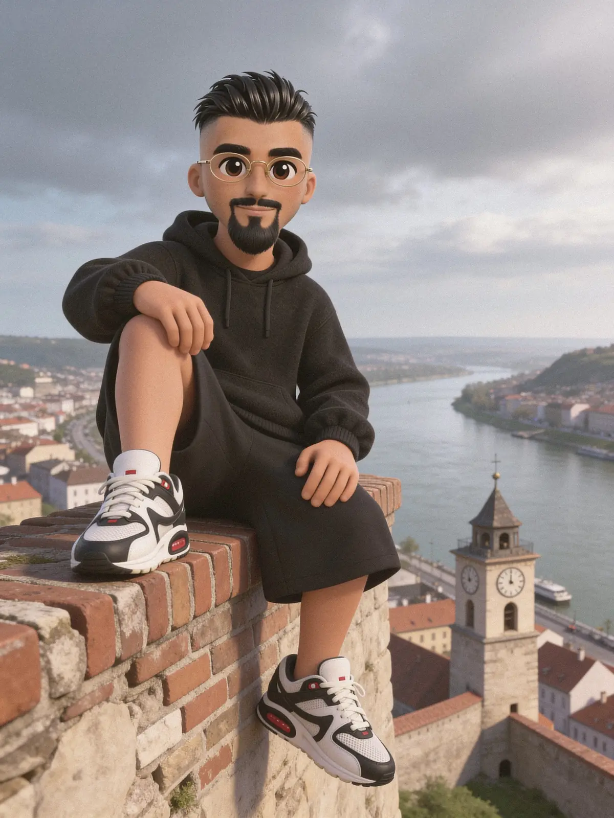 Ilustracija: Aljoša sedi na zidinama Petrovaradinske tvrđave, iza njega Dunav, Novi Sad i sat kula